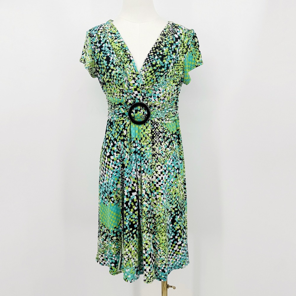 Studio I Petite Green Geometric Print V-Neck Faux Wrap Dress 8P Retro Y2k Resort